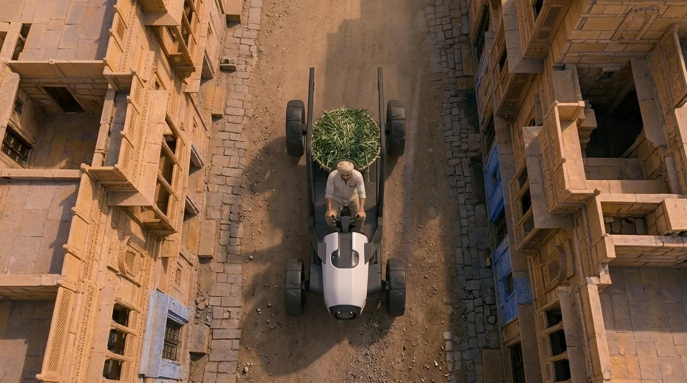 Top view of the vehicle in a village street