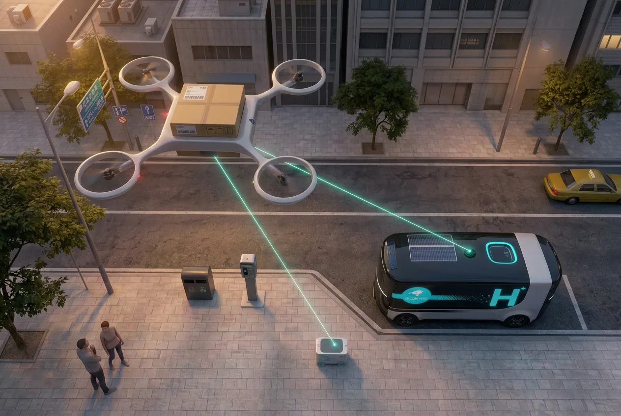 Top-down view of the delivery system in a city block