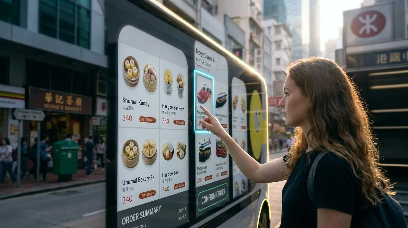 A woman buying from a mobile vending shuttle