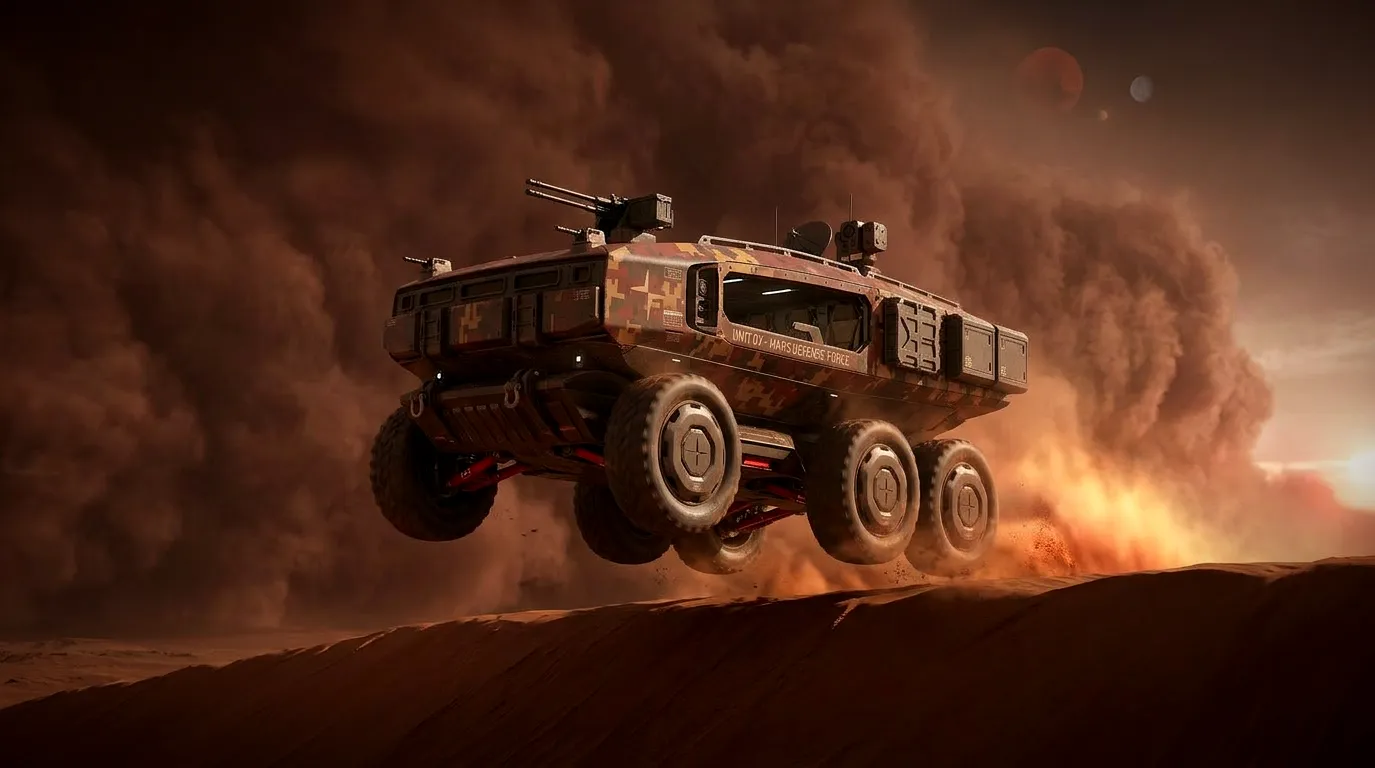 The MEV cresting a dune in a sandstorm