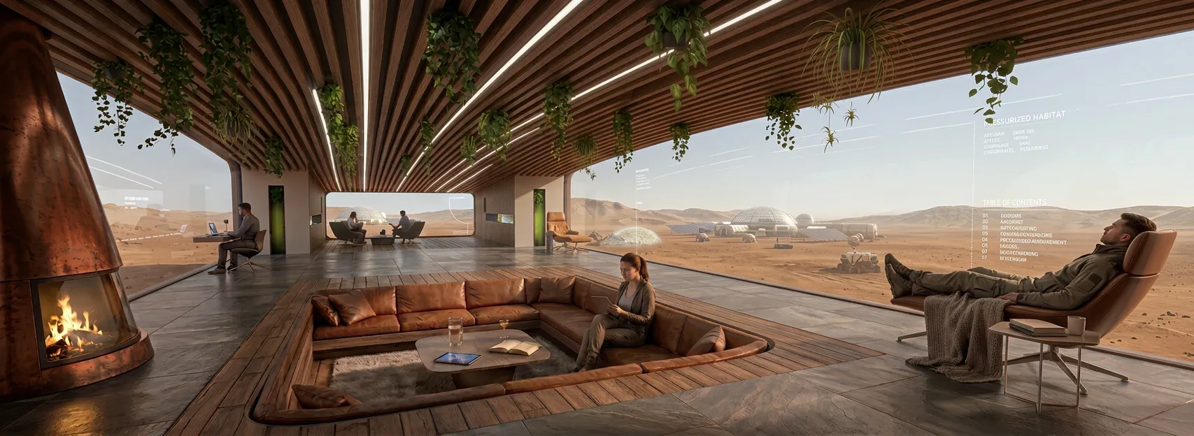 The warm, minimal lounge interior looking out onto Mars