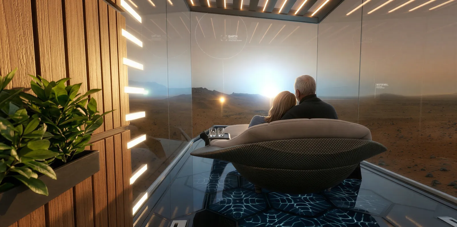 Travellers looking out of a panoramic window