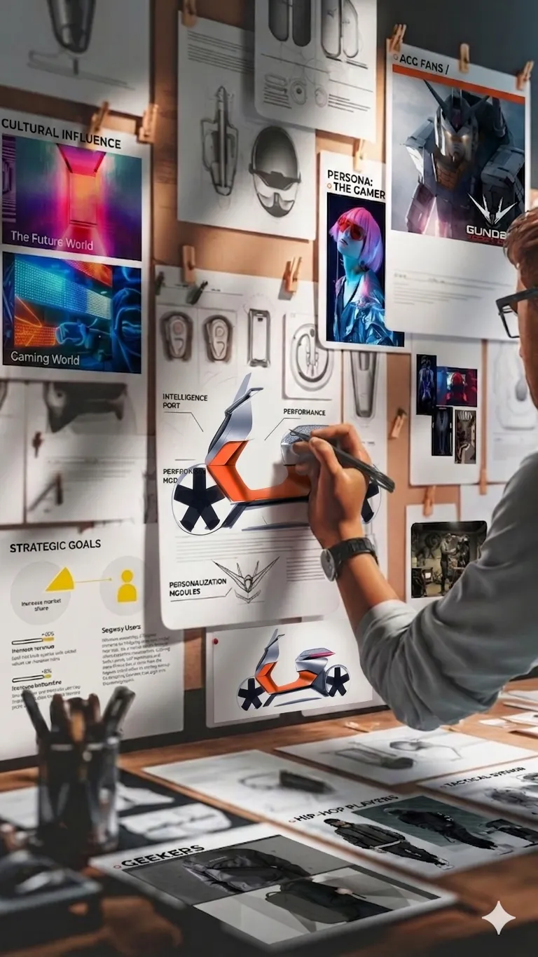 Designers pinning sketches and research on a studio wall