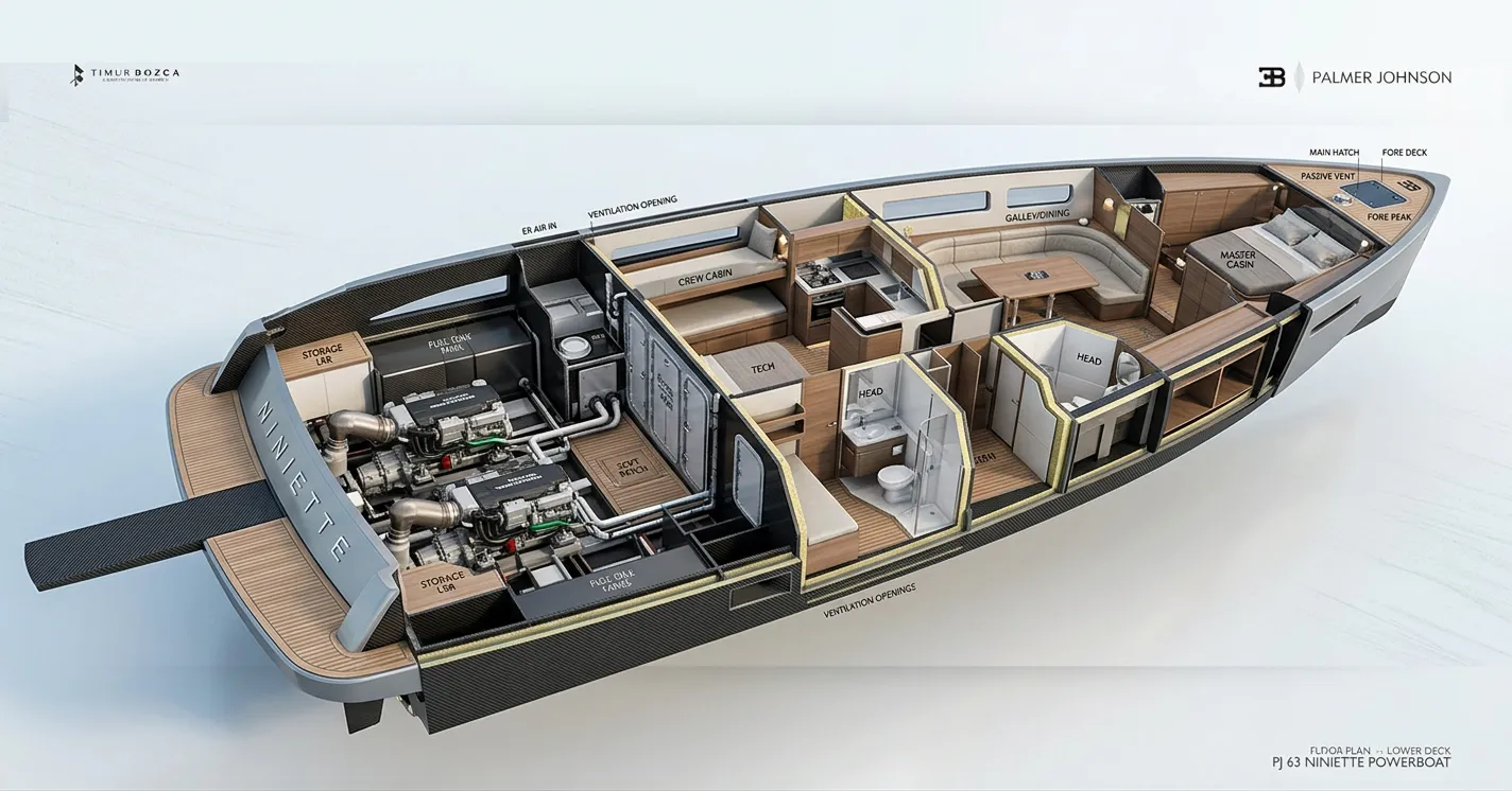 Sectional perspective of the yacht layout